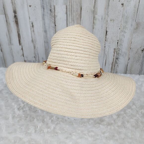 Elegant Cream Sun Hat with Beaded Detail - Picture 1 of 12